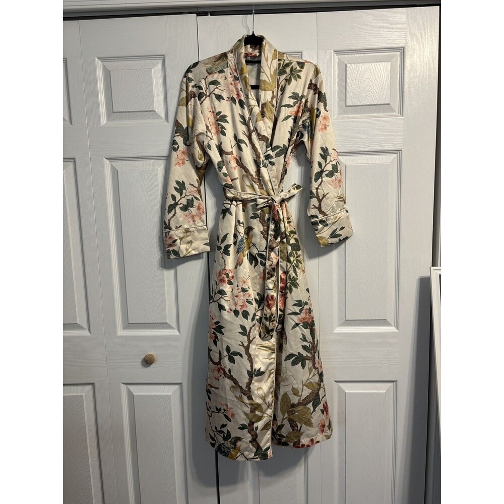 Pottery Barn Nola Silky Piped Robe Womens medium muted floral birds bridal gift